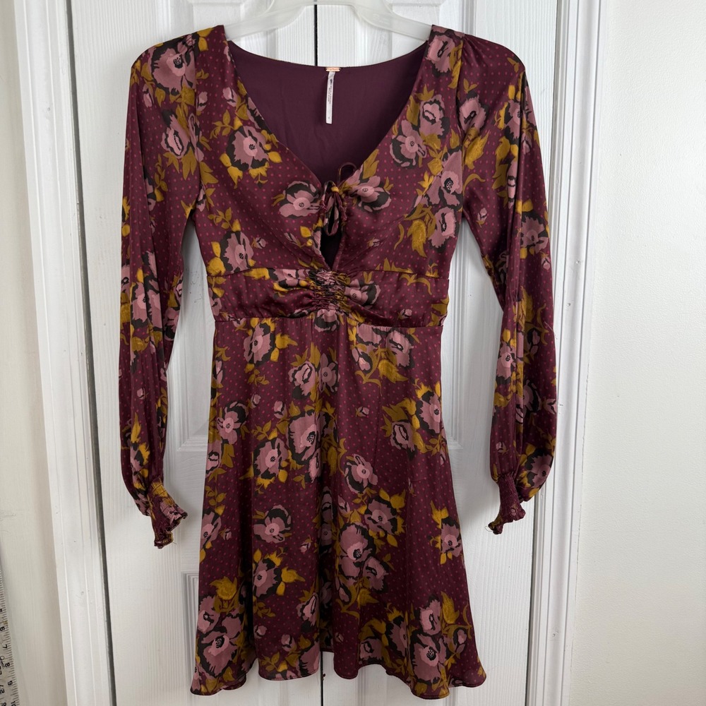 Free People Floral Polka Dot Mini Dress 4 Burgundy Boho Cottagecore Smocked